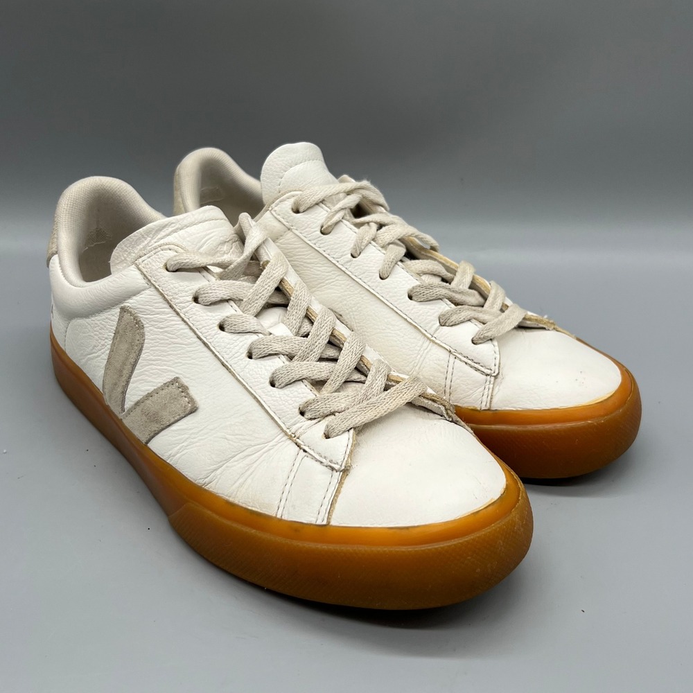 Veja Shoes Womens 8 White Gray Leather Campo Gum Sole Low Top Trainer Sneakers - Picture 2 of 11
